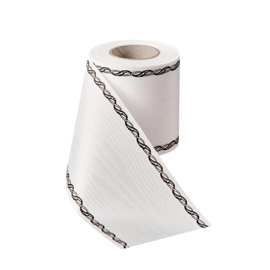 Moiré-Kranzband weiß, Schnittkante, Perlenkette-Rand schwarz - praegemoire, moire-band