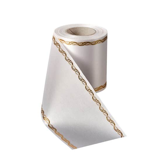 Satin-Kranzband, weiß mit Perlenkette-Rand - satinband