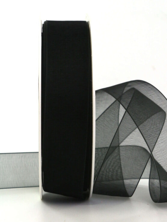 Organzaband mit Webkante, schwarz, 25 mm breit, 50 m Rolle - trauerflor, trauerband