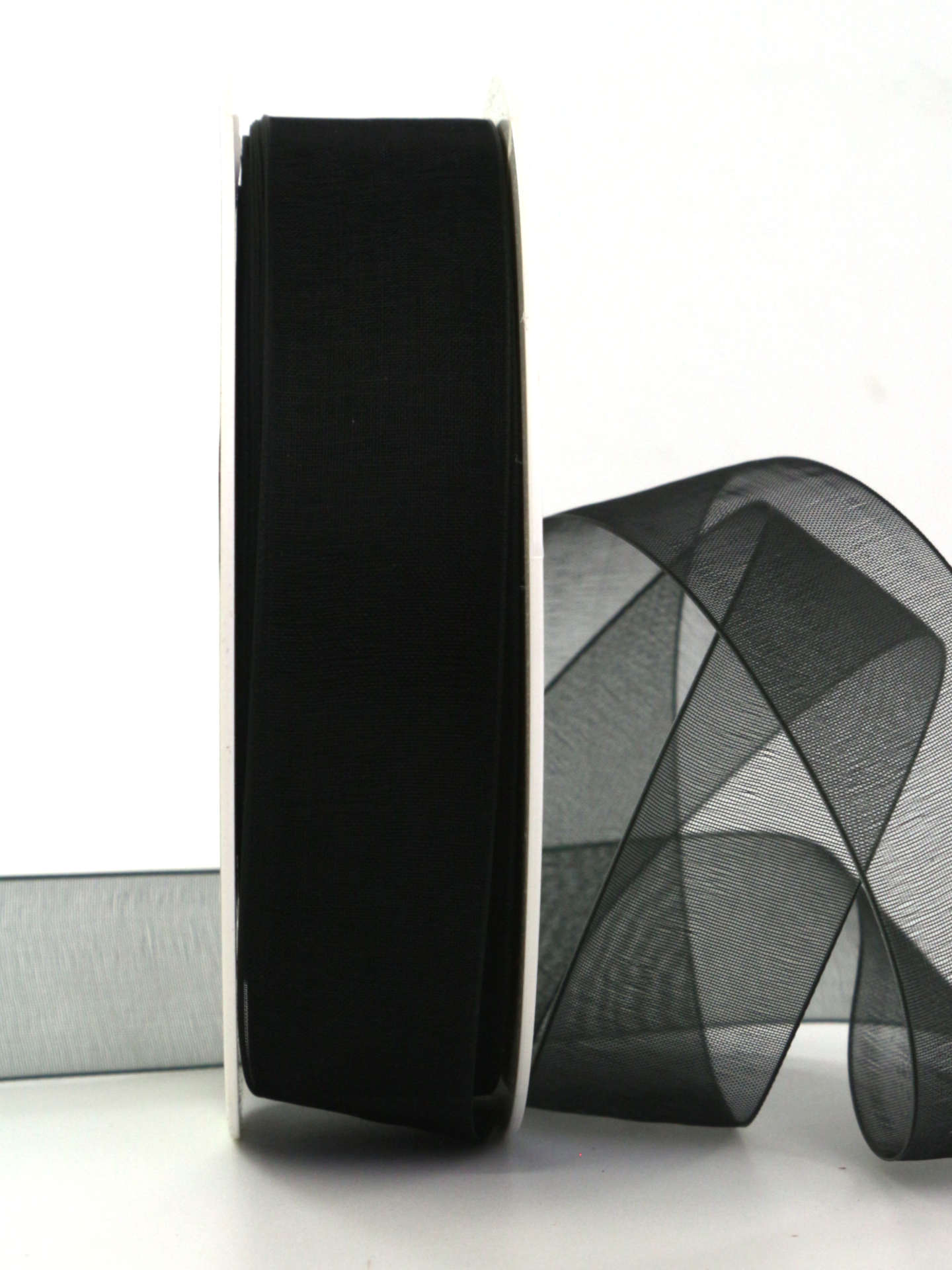 Organzaband mit Webkante, schwarz, 25 mm breit, 50 m Rolle - trauerband, trauerflor